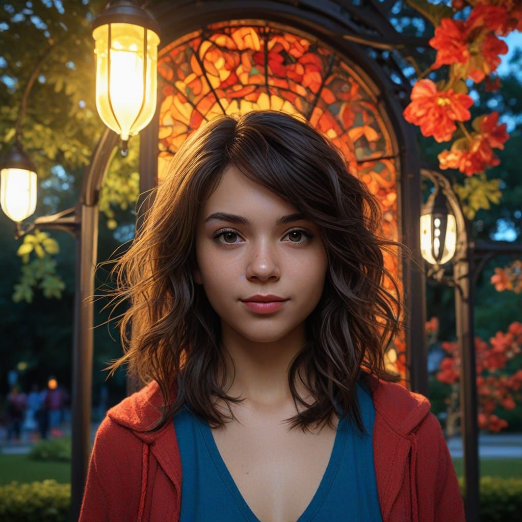 Siblings in Vibrant Park Scene, Inspired by Alphonse Mucha S...