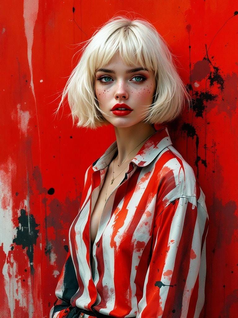 Woman with Red Lips in Whiskey-Splatter Watercolor Style