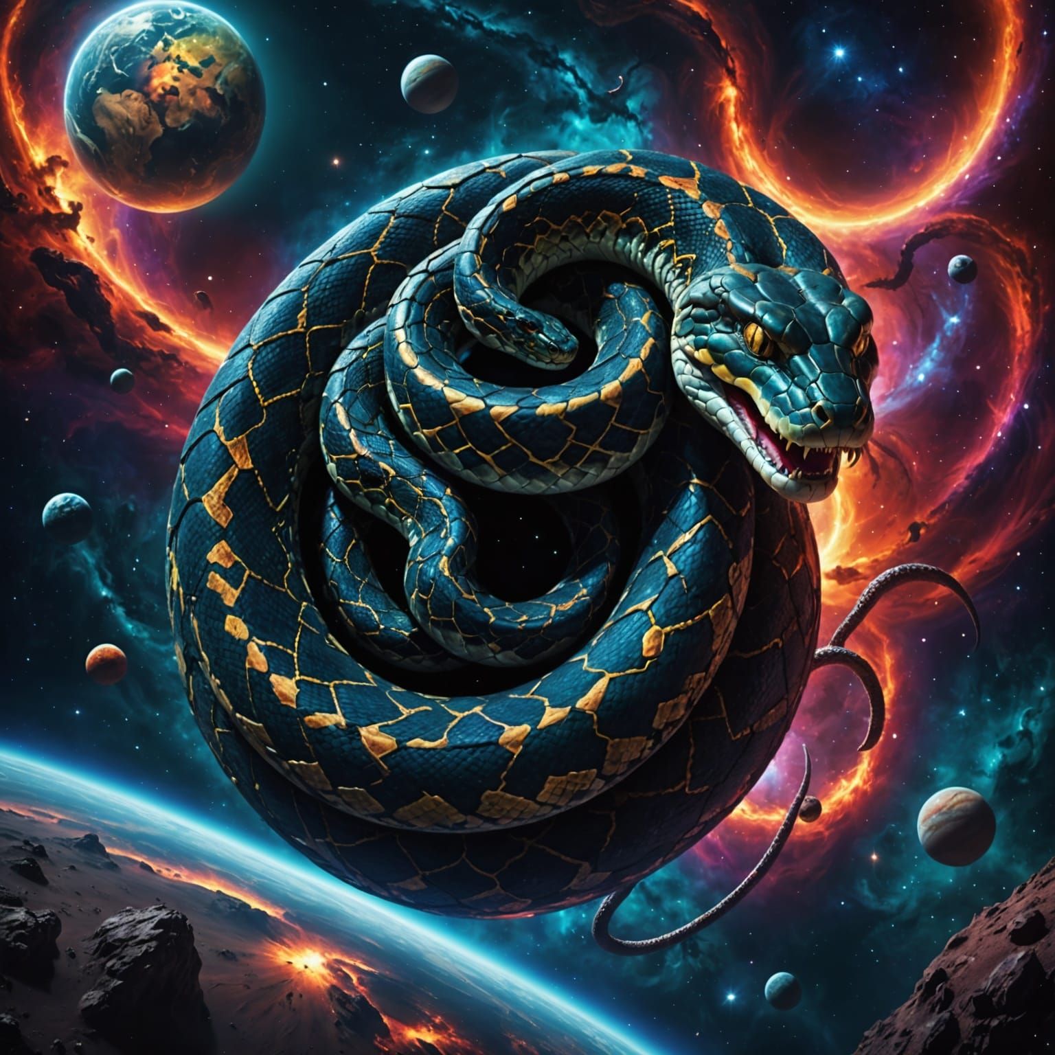 Cosmic Serpent Wraps Planet in Vibrant Nebulae