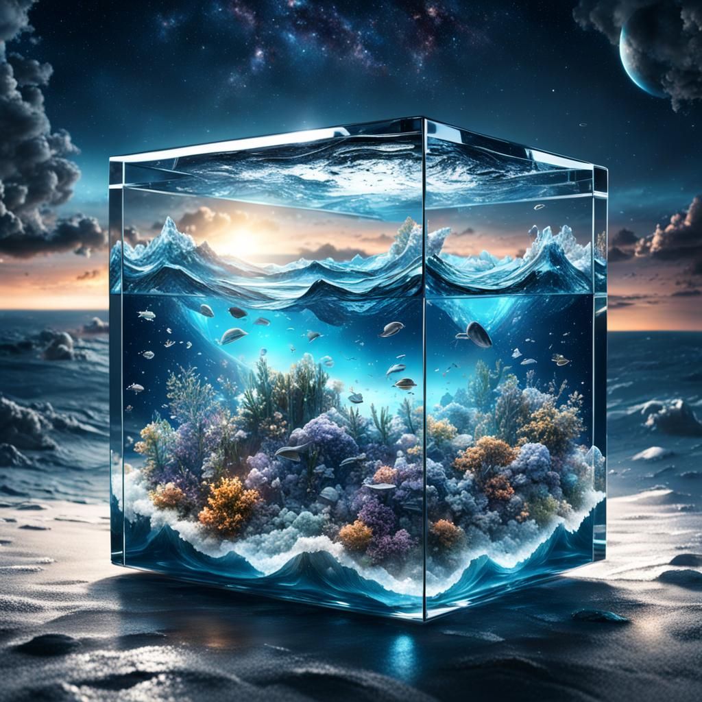 Ocean in Glass Cube at Midnight in Space