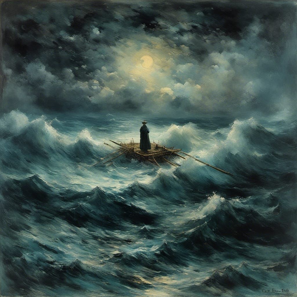Dramatic Seascape: Man on Raft in Stormy Sea