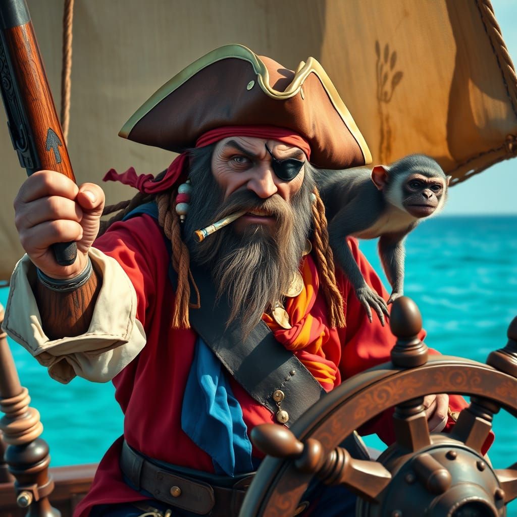 Pirate Captain in Regal Attire Amidst Caribbean Seas