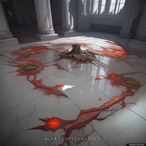 Shattered Plant on Marble Floor: Digital Art