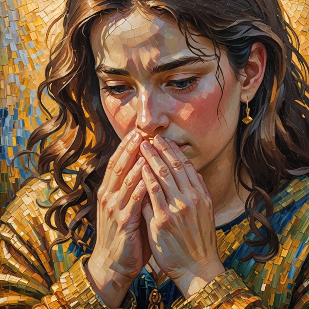 Expressionist Oil Painting of Praying Hands in Golden Light