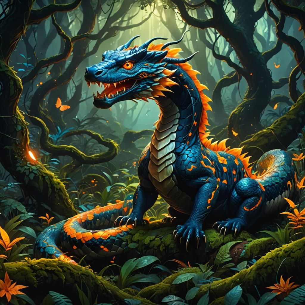 Mystical Forest Hybrid Creature: Snake, Tiger, Dragon