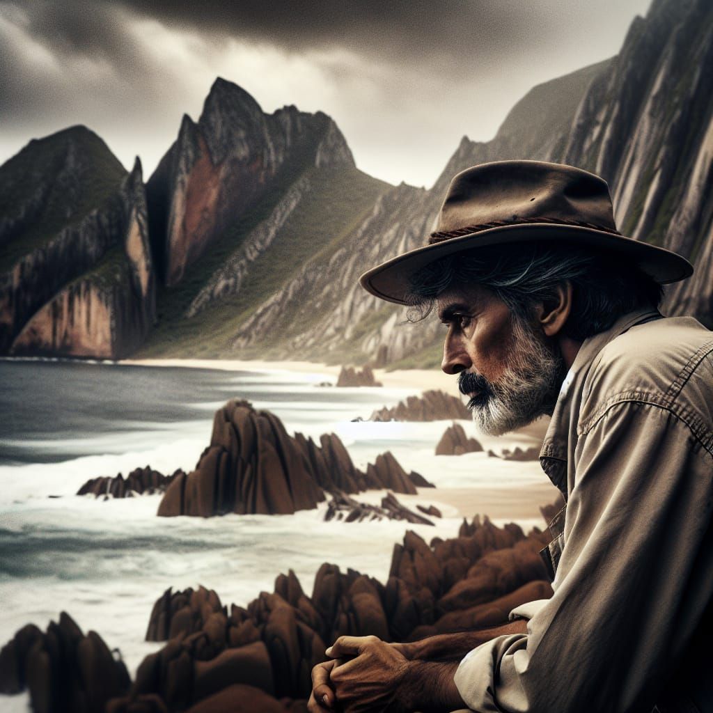 Geologist Contemplates Rocky Beach in Cinematic Style