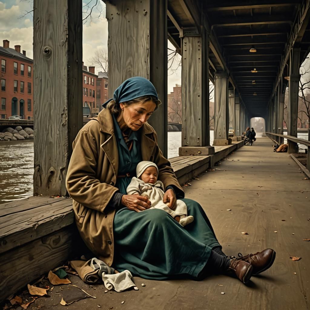Homeless Woman's Solace: Social Realism Art