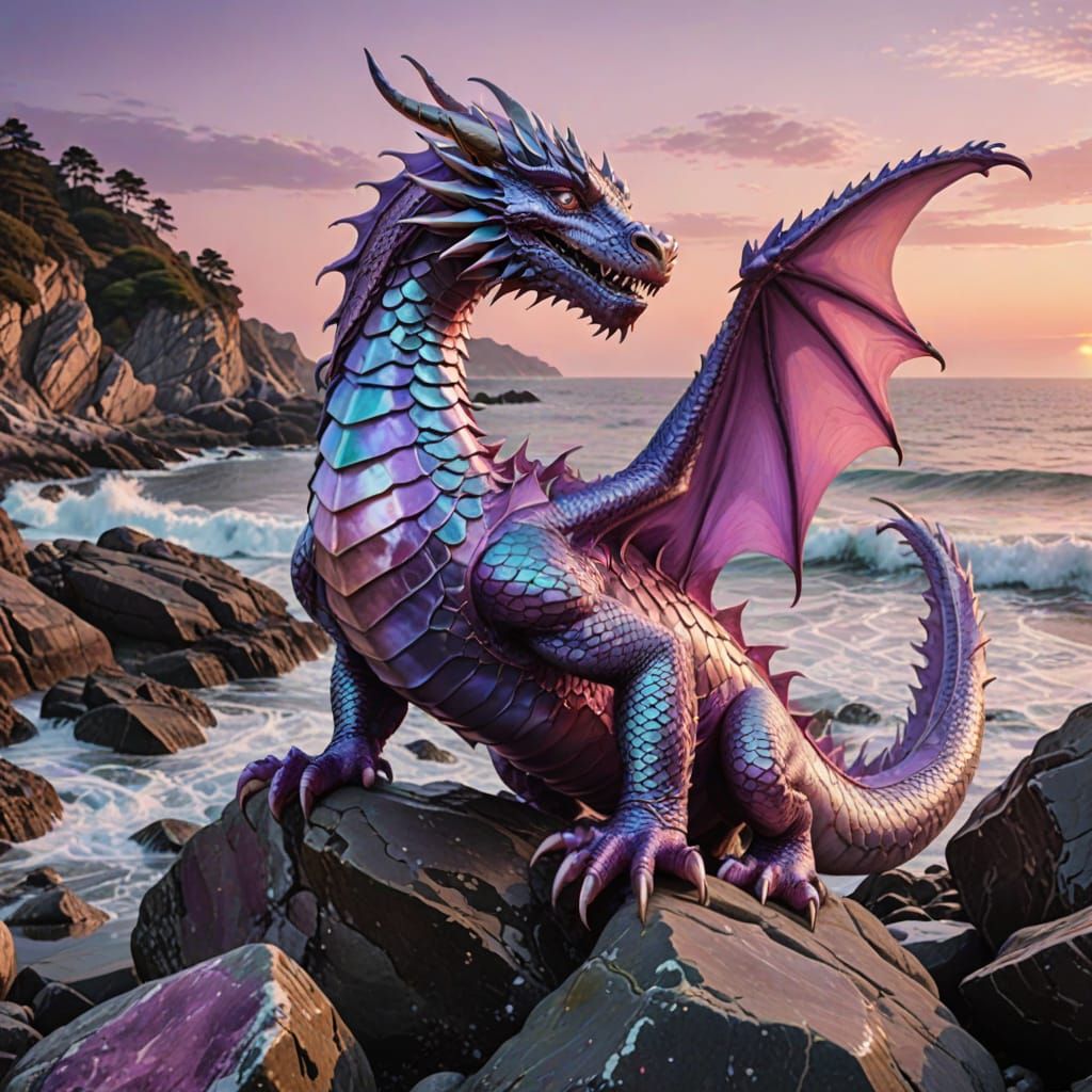 Iridescent Dragon on Seaside Rocks
