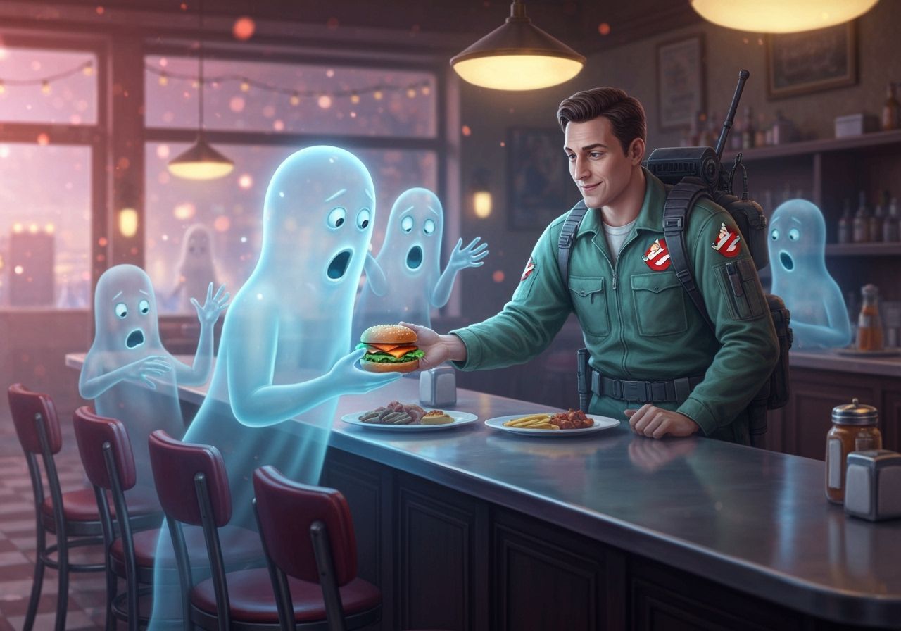 Ghostbuster Serves Burger to Ghost in Retro Cafe
