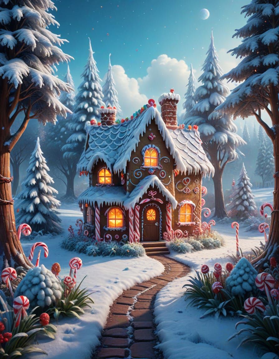 Detailed Gingerbread House in Frosty Winter Landscape