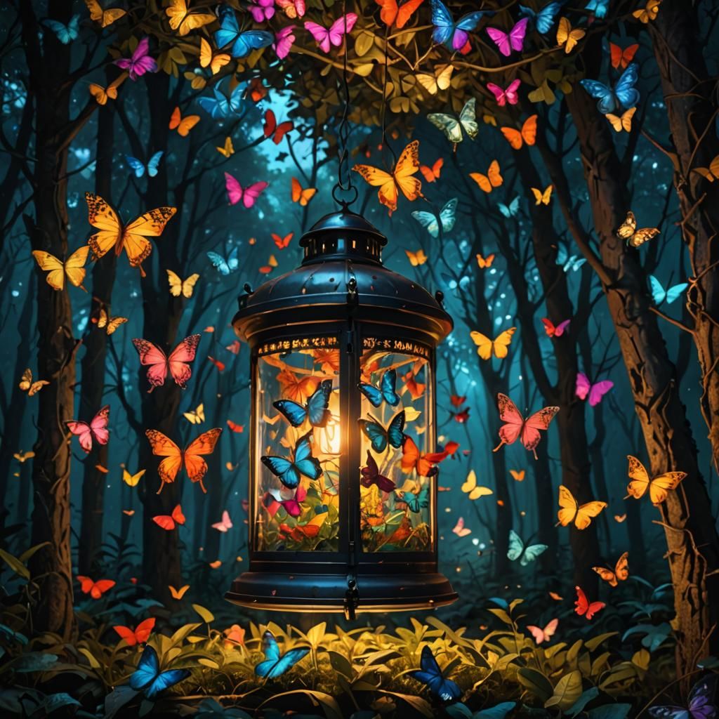 Lantern Surrounded by Butterflies in Forest at Night