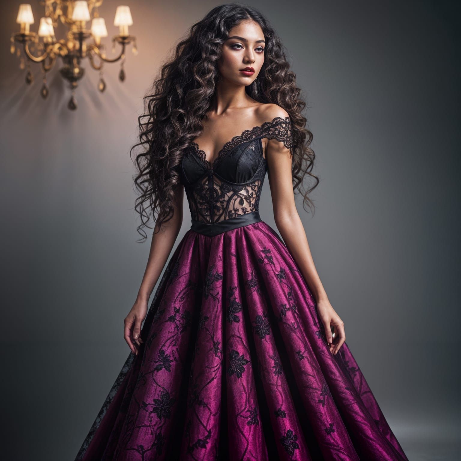 Hyperrealistic Portrait of Girl in Magenta and Black Lace