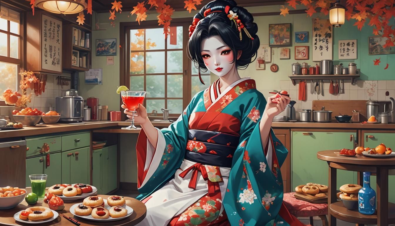 Geisha in Retro Kitchen with Autumn Decor