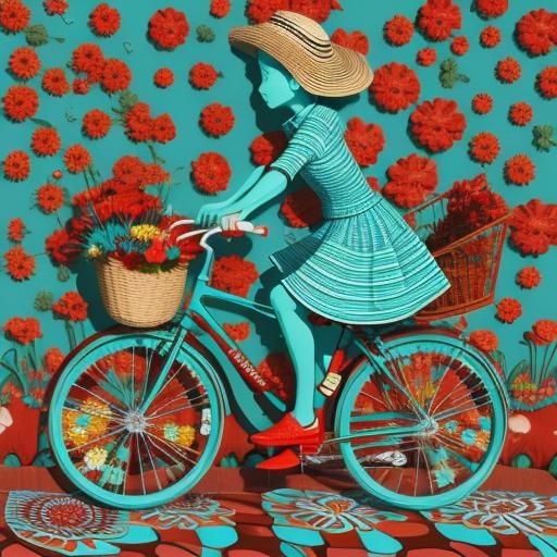 Woman on Bicycle with Flowers Outside Chocolate Shop