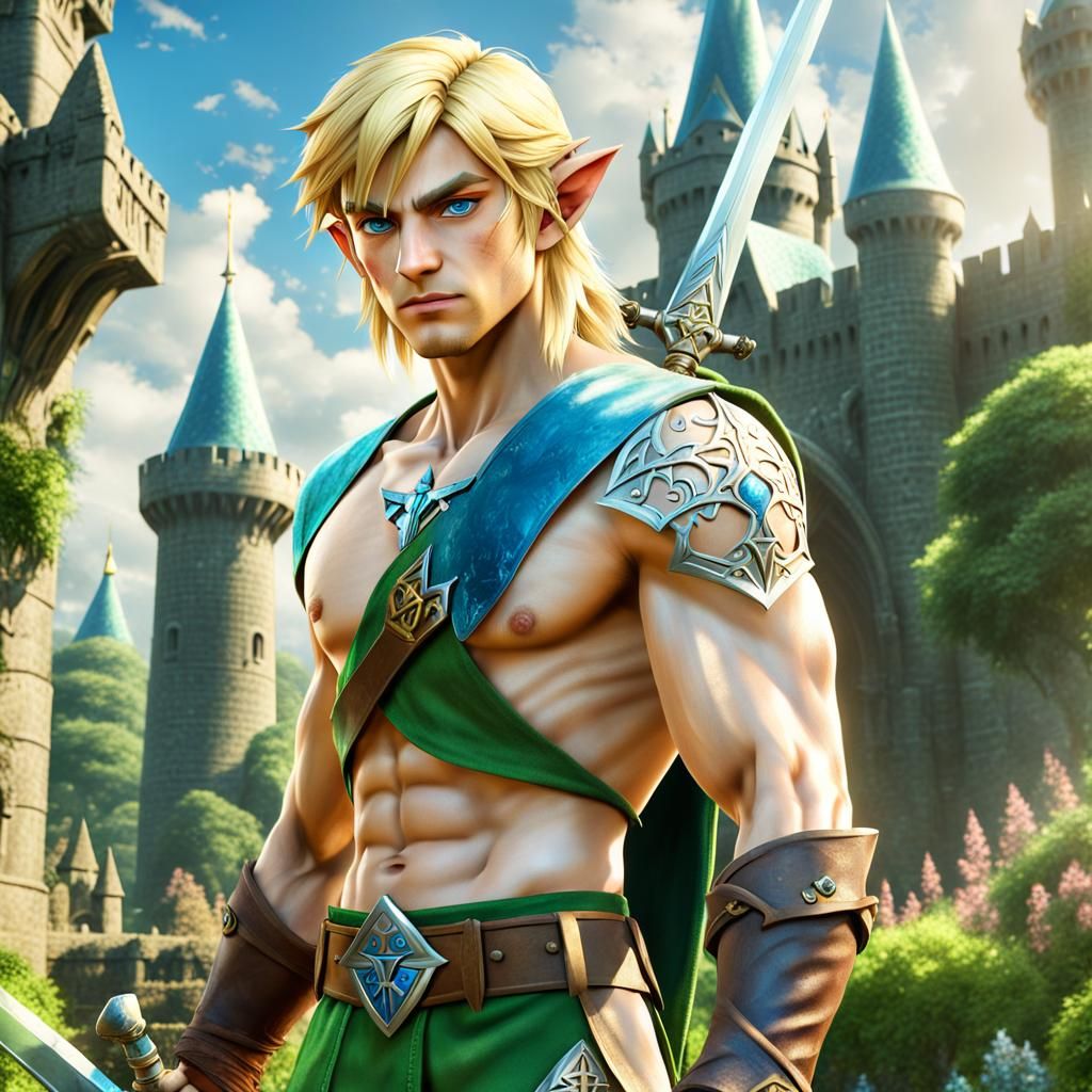 Virile Elf Brandishes Sword at Hyrule Castle