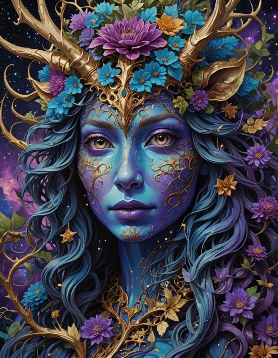 Psychedelic Wood Creature with Dahlias in Space