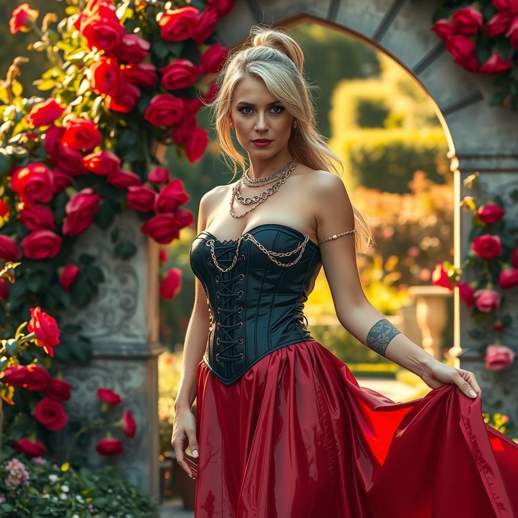 Elegant Woman in Garden: A Pre-Raphaelite Vision