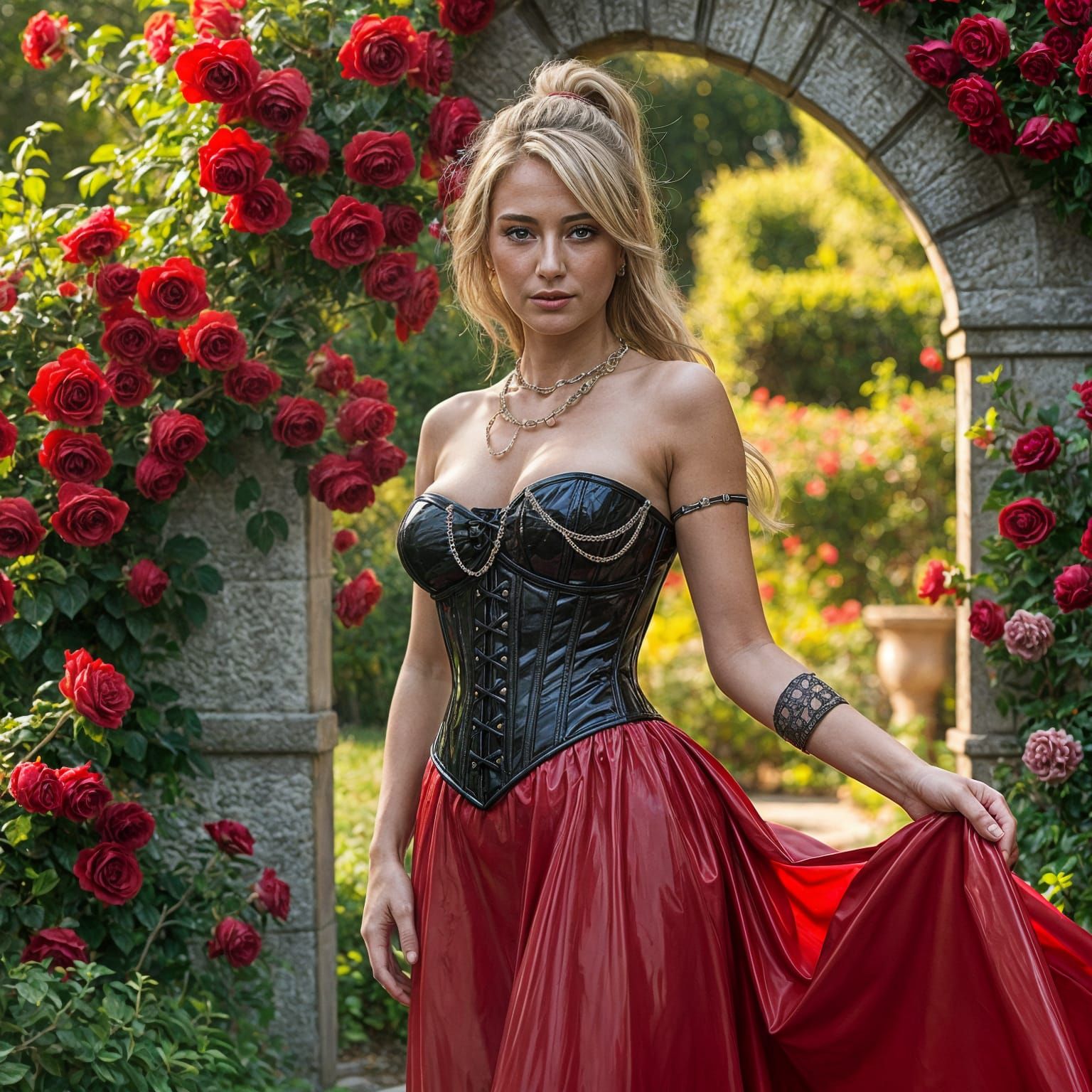 Blonde Woman in Red Dress Among Garden Roses