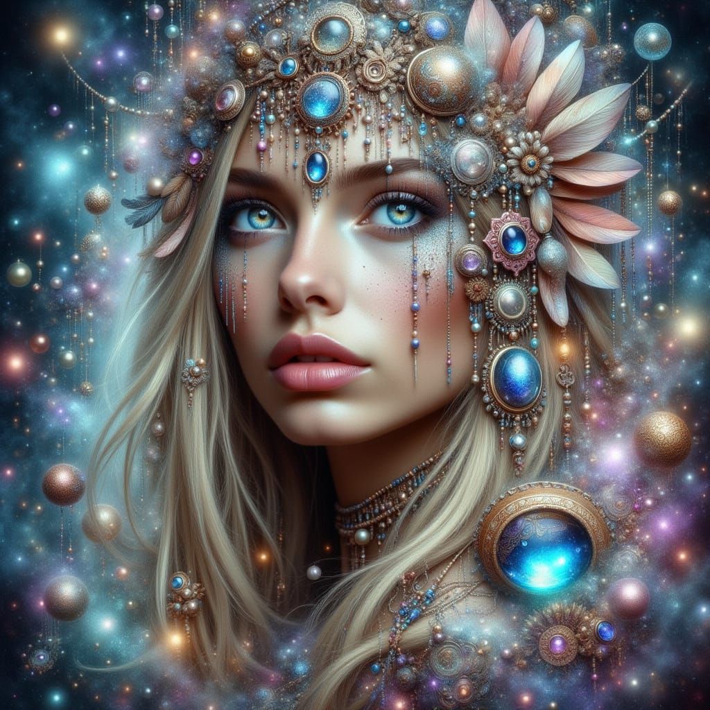 Ethereal Woman with Gemstone Eyes in Mystical Aura