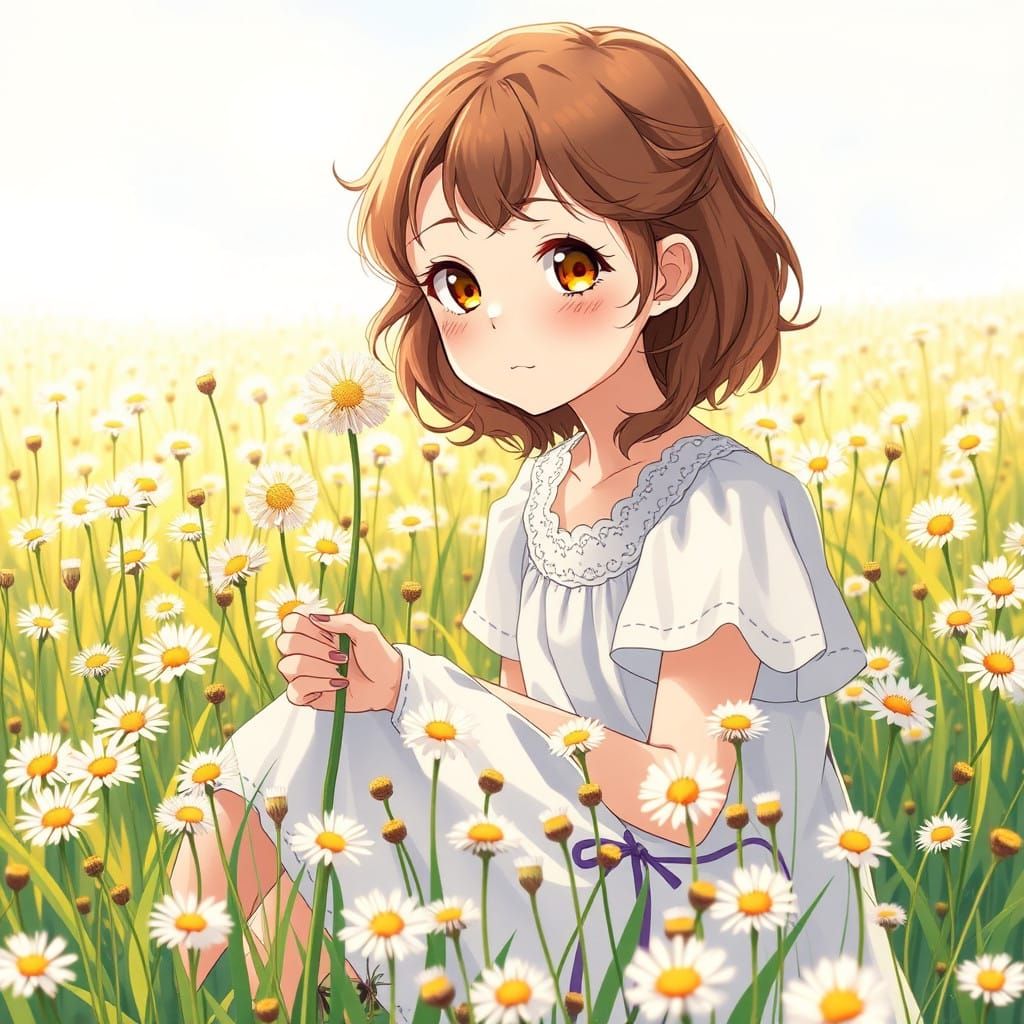 Girl in Dandelion Field in Anime Style