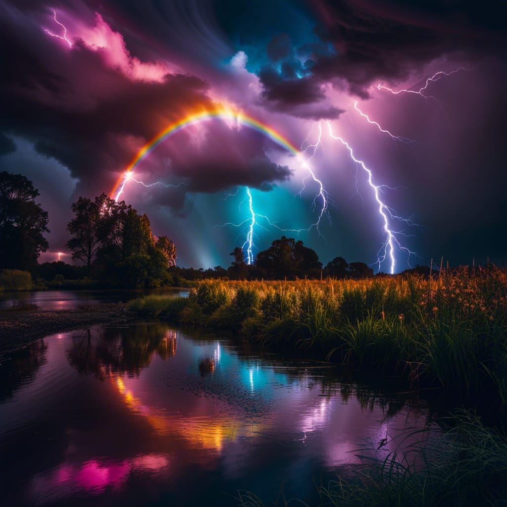 Rainbow lightning over river gold
