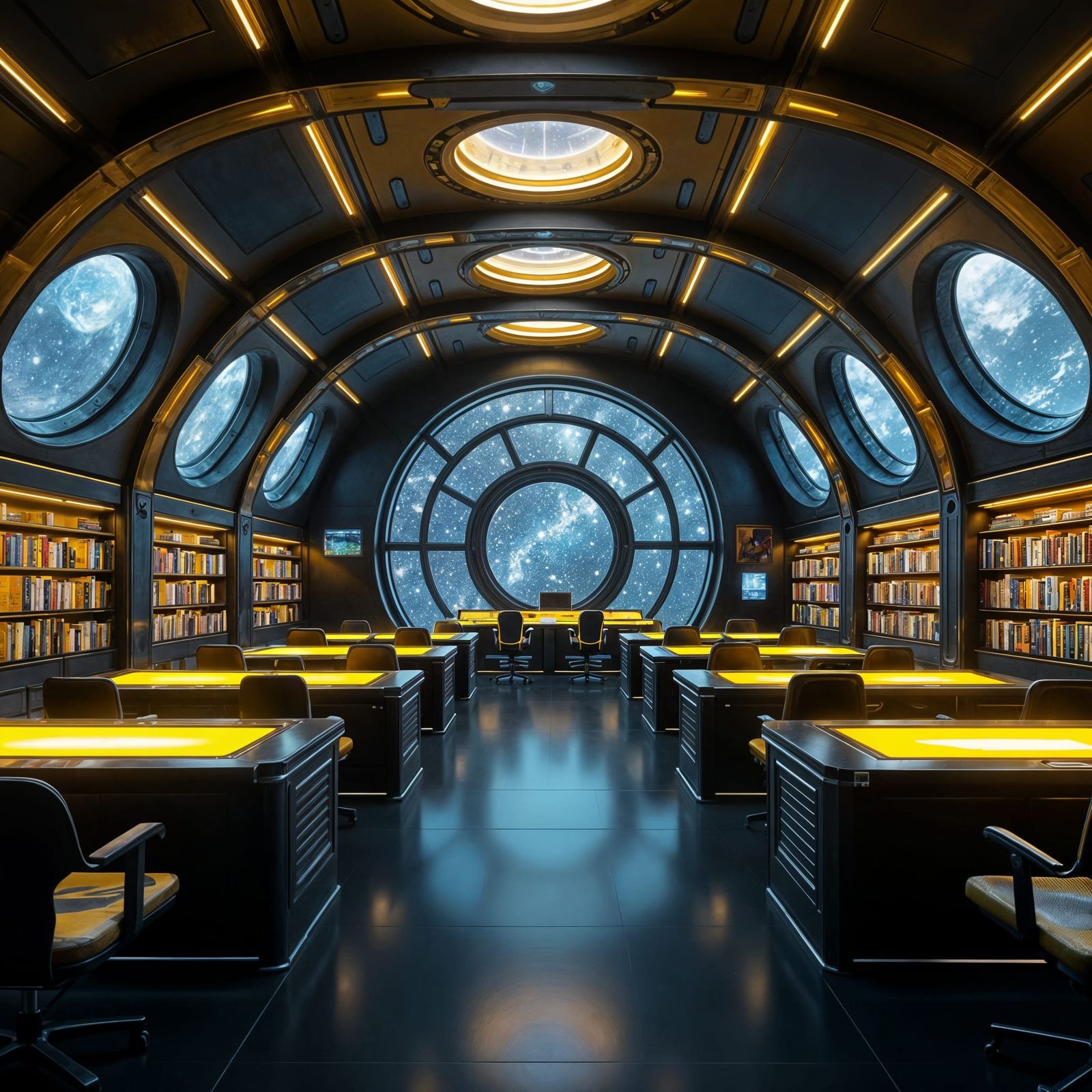Cyberpunk Spaceship Classroom in Metallic Black with Gold Ac...