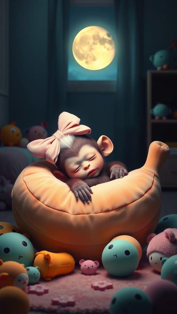 Surreal Hyperrealistic Scene of a Sleeping Baby Monkey in a...