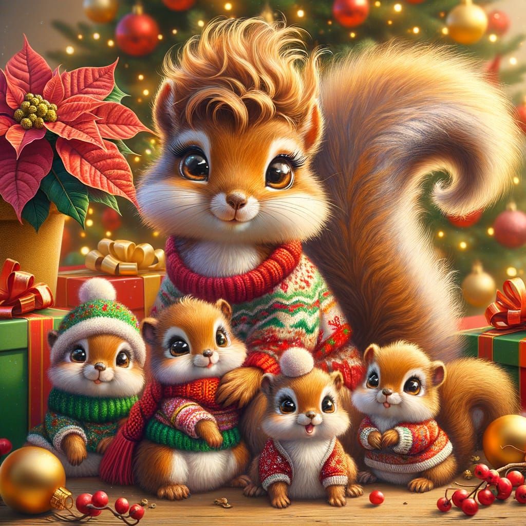 Adorable Mother Squirrel and Babies in Festive Christmas Sce...