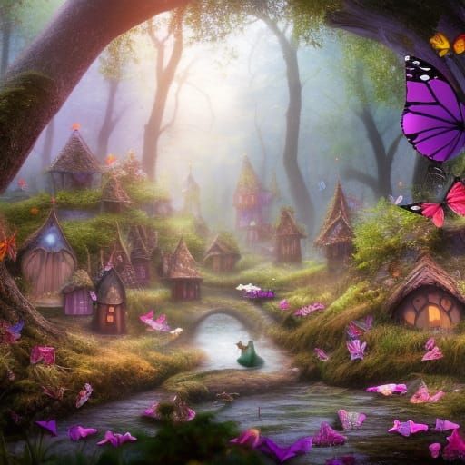 Enchanting Fairy Village in Forest with Butterflies