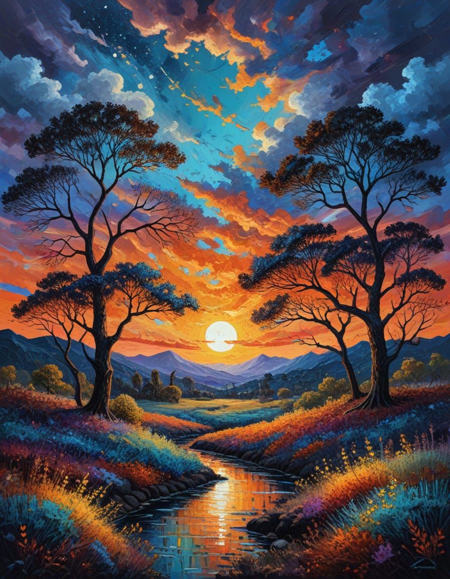 Neo-Impressionist Sunset and Moonset Oil Painting