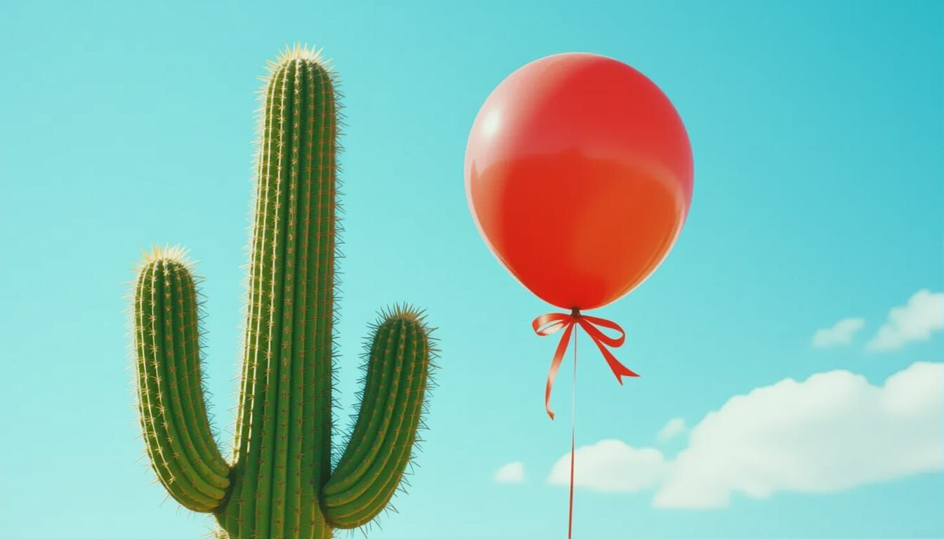 Cactus and Balloon Under Desert Sun