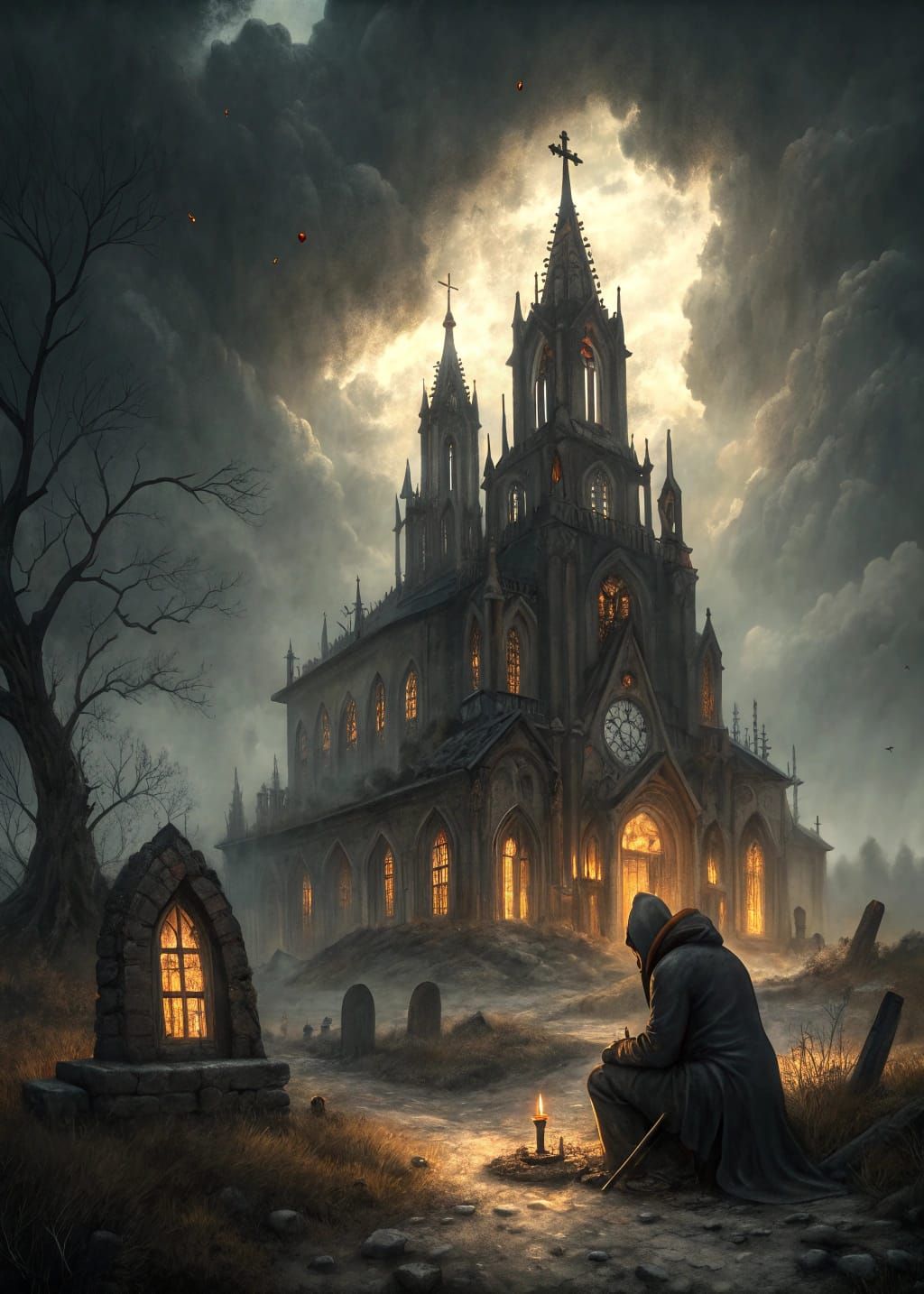 A decrepit, gothic cathedral