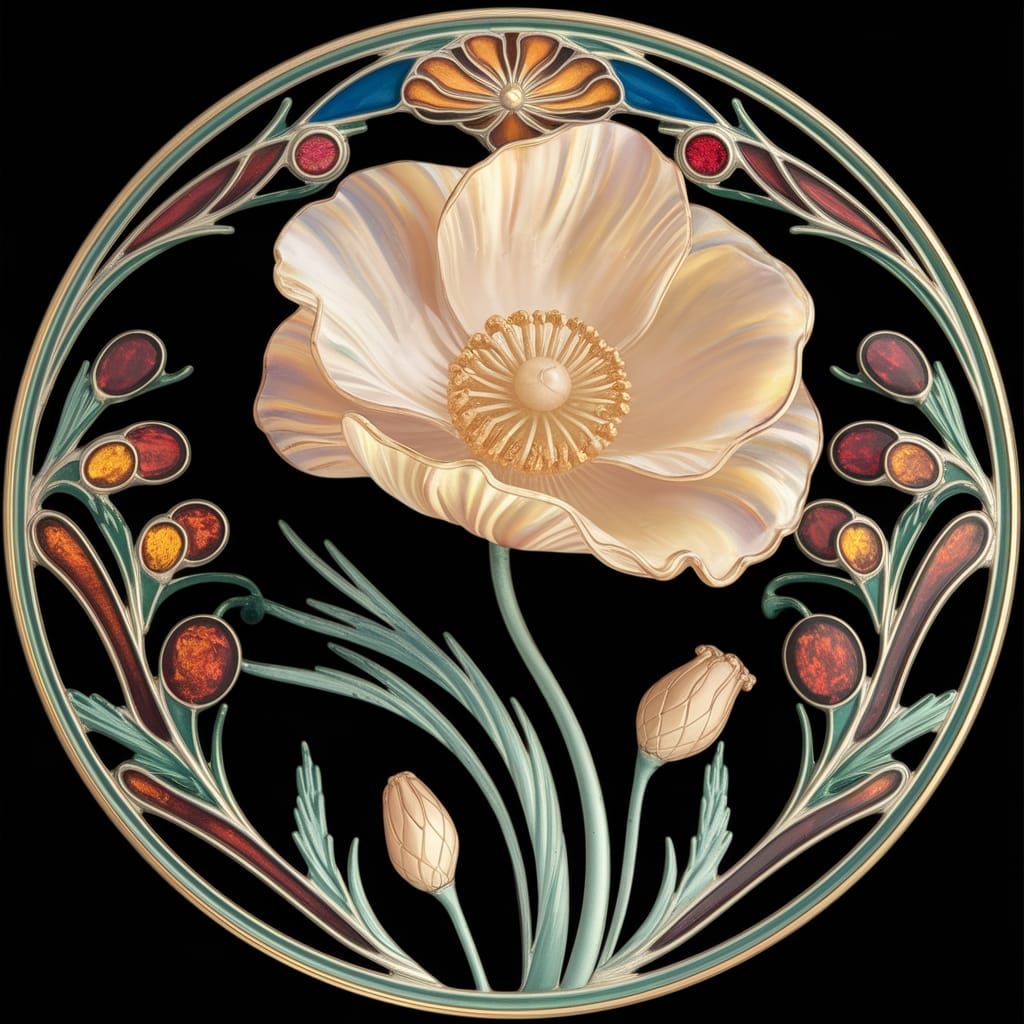 Art Nouveau Poppy Flower Pin in Opalescent Glass
