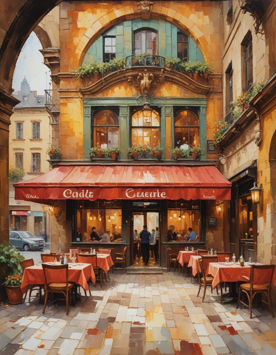 Vibrant Oil Painting of a Bustling Restaurant Scene