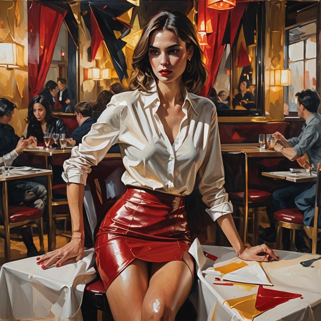 Jeune femme superbe avec minijupe cuir rouge assise de face ...