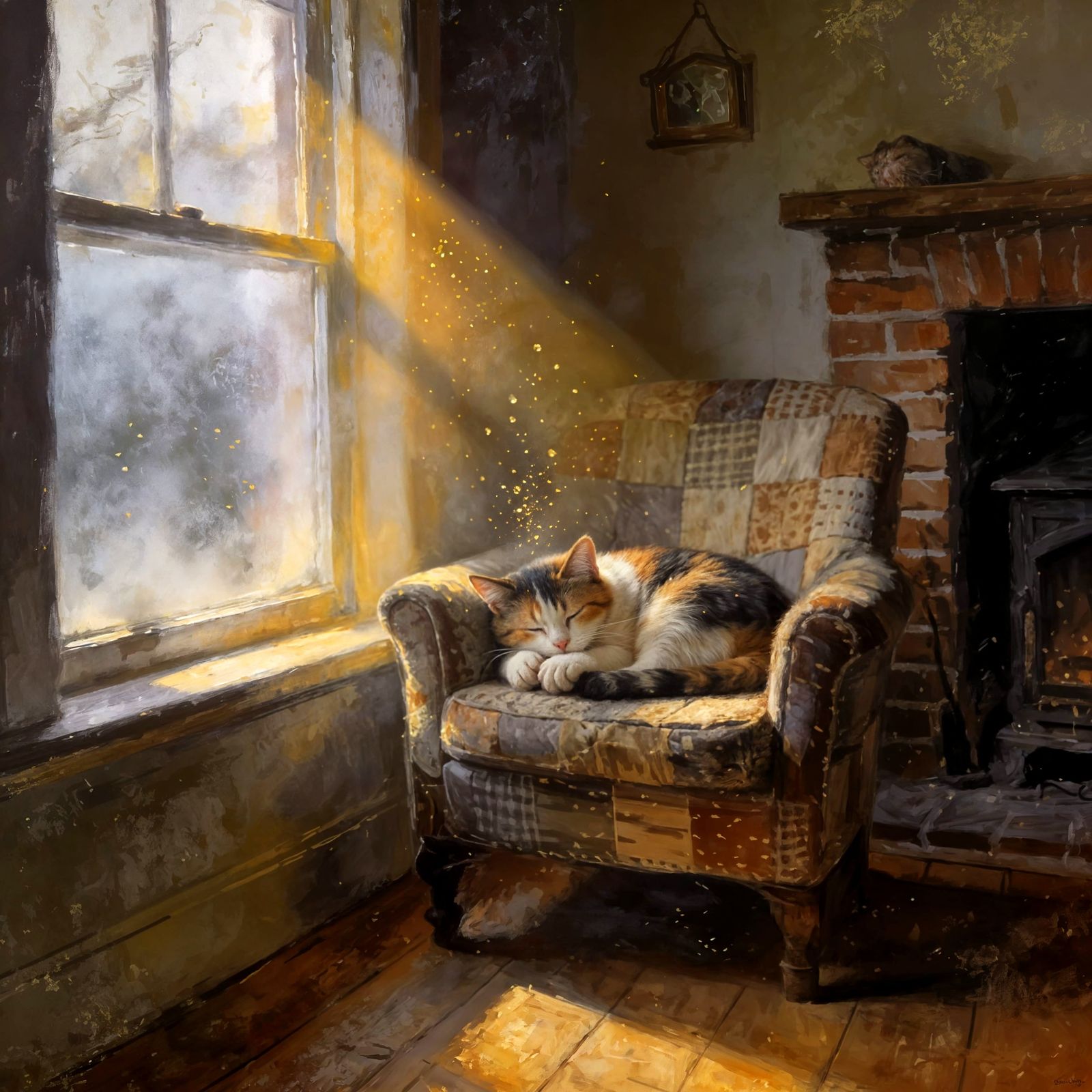 Calico Cat Naps in Cozy Armchair