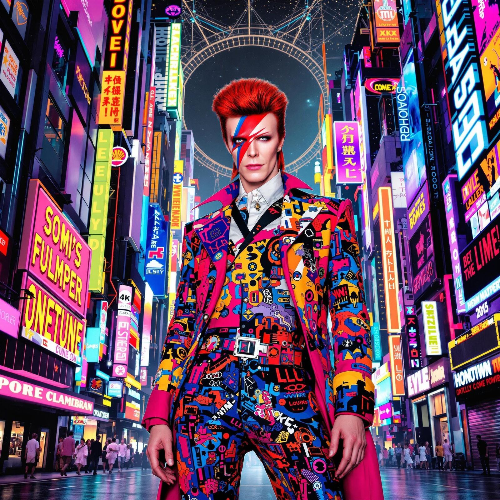 David Bowie in Kaleidoscopic Futuristic Cityscape