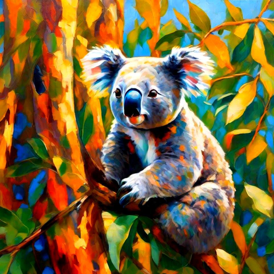 Koalas in Eucalyptus Tree: An Impressionist Oil Painting