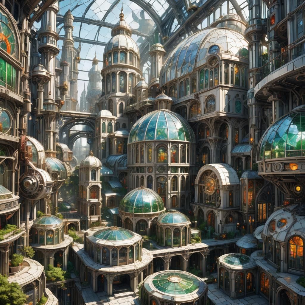 Neoclassical Sci-Fi Cityscape with Stained Glass Greenhouses