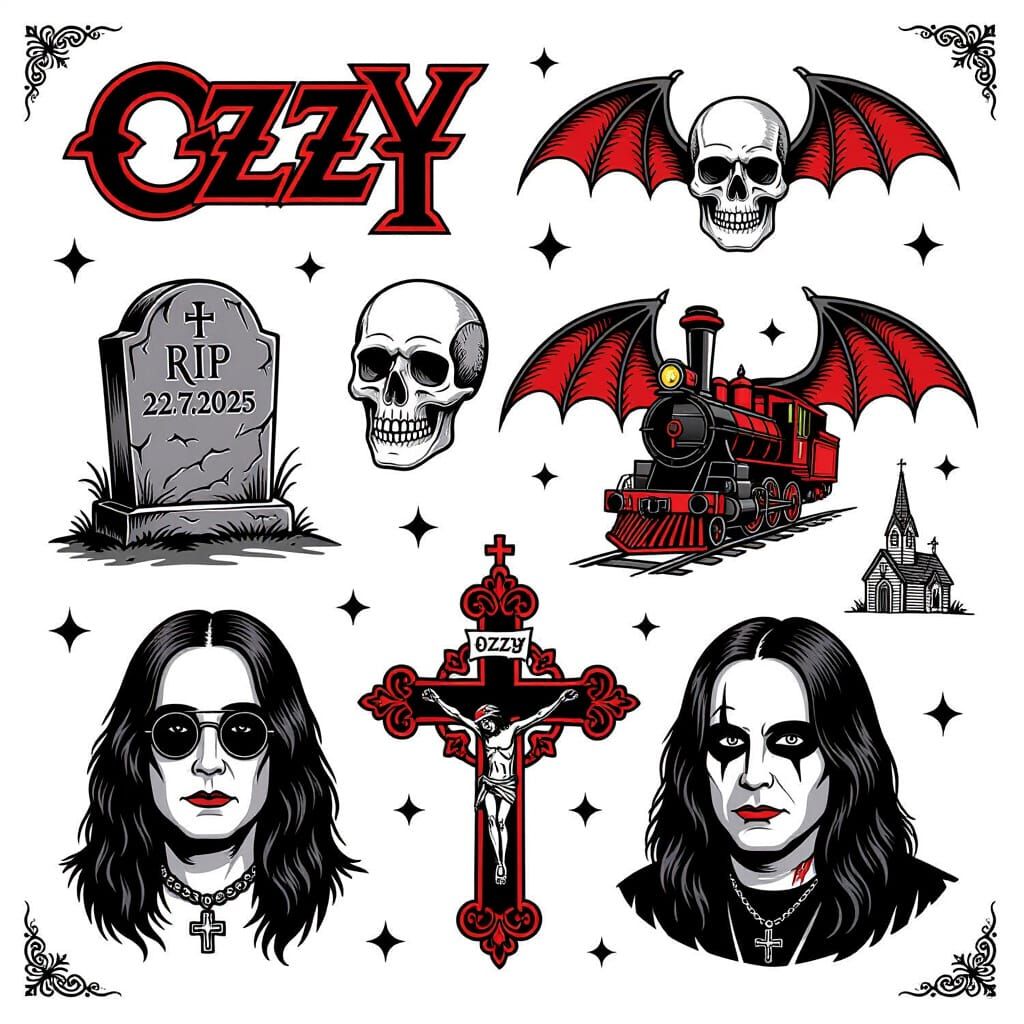 Ozzy Osbourne Flash Tattoo Sheet in Red and Black