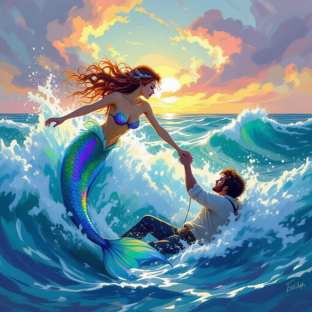 Mermaid Rescues Sailor in Stormy Sea, Painterly Style