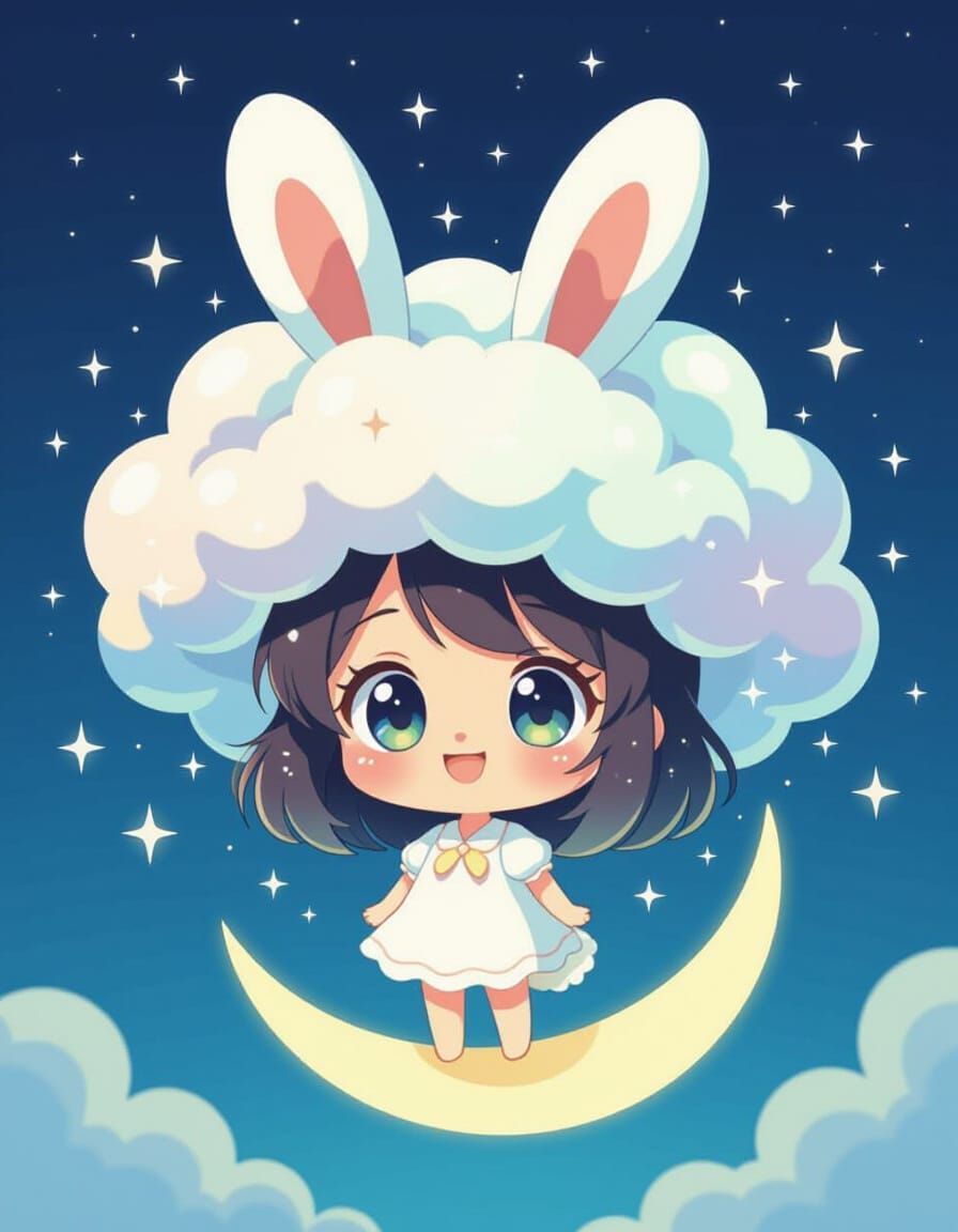 Ethereal Cloud Hat Rabbit Girl on Moon