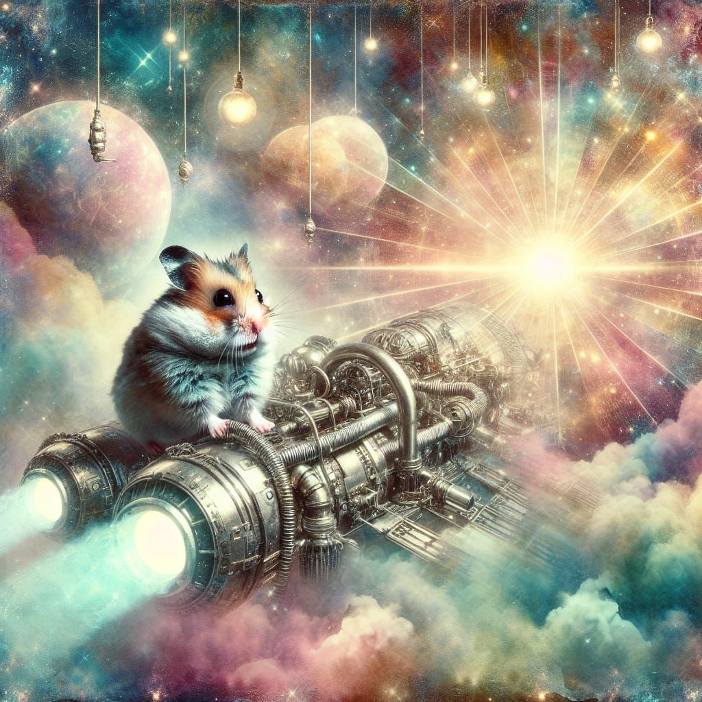 Biopunk Hamster Navigates Spaceship Through Dreamy Universe
