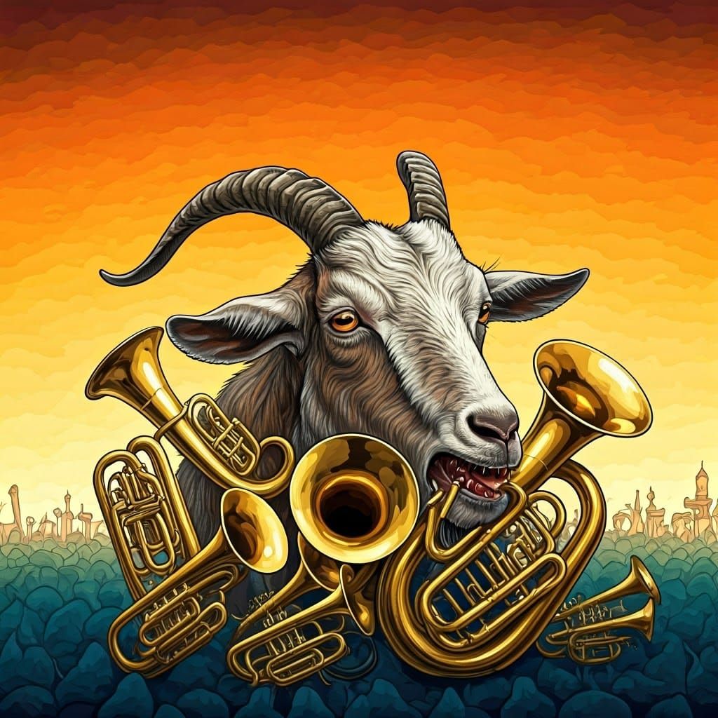 Surreal Goat Devouring Brass Band in Miyazaki Style