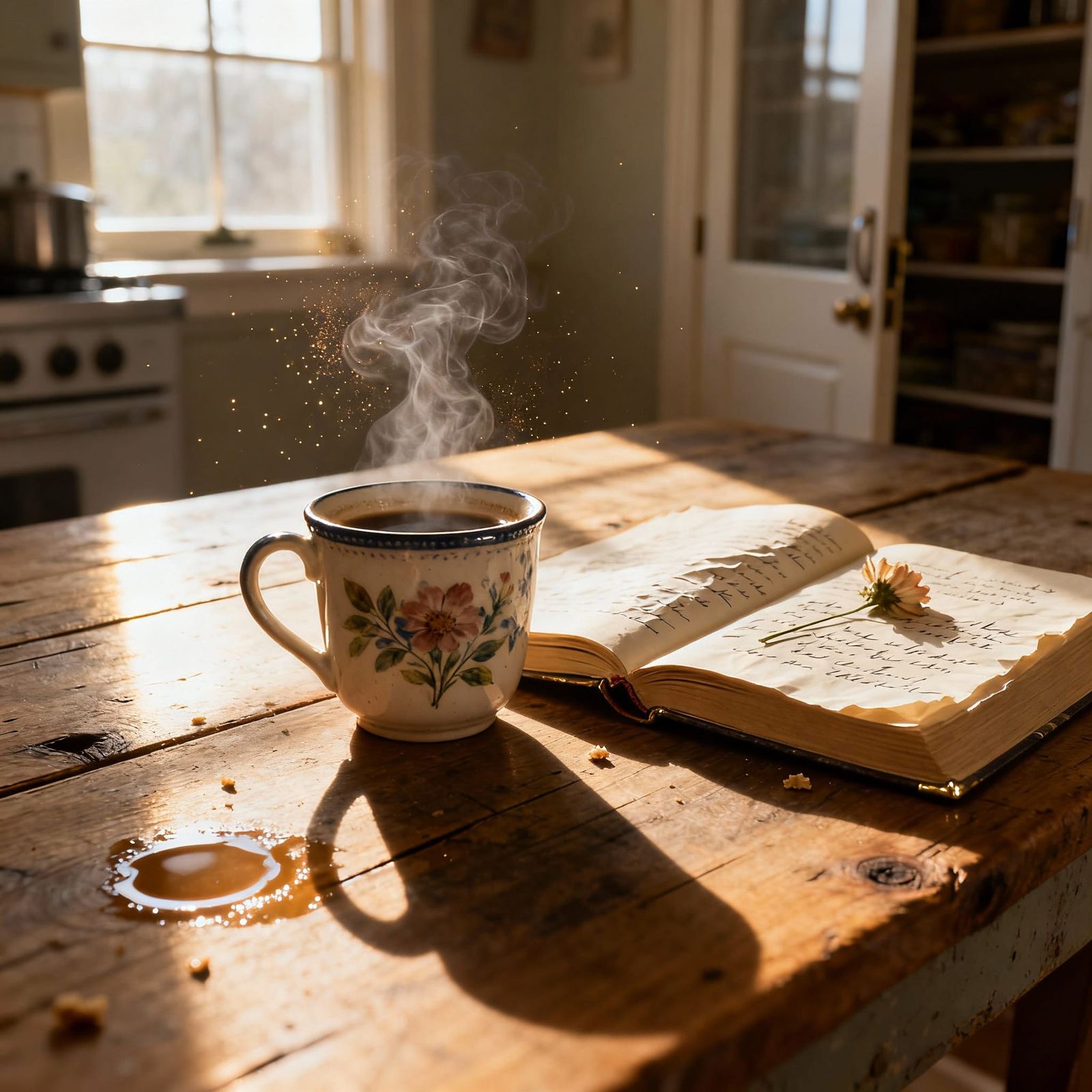 Sunlit Kitchen Scene With Coffee and Book