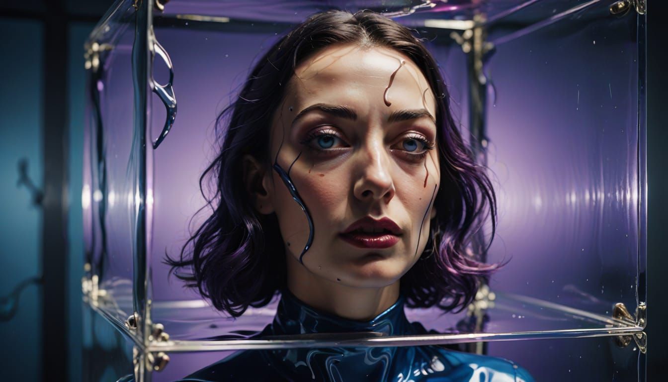 Surreal Woman Trapped in Latex Vacuum Cube in Dreamlike Atmo...