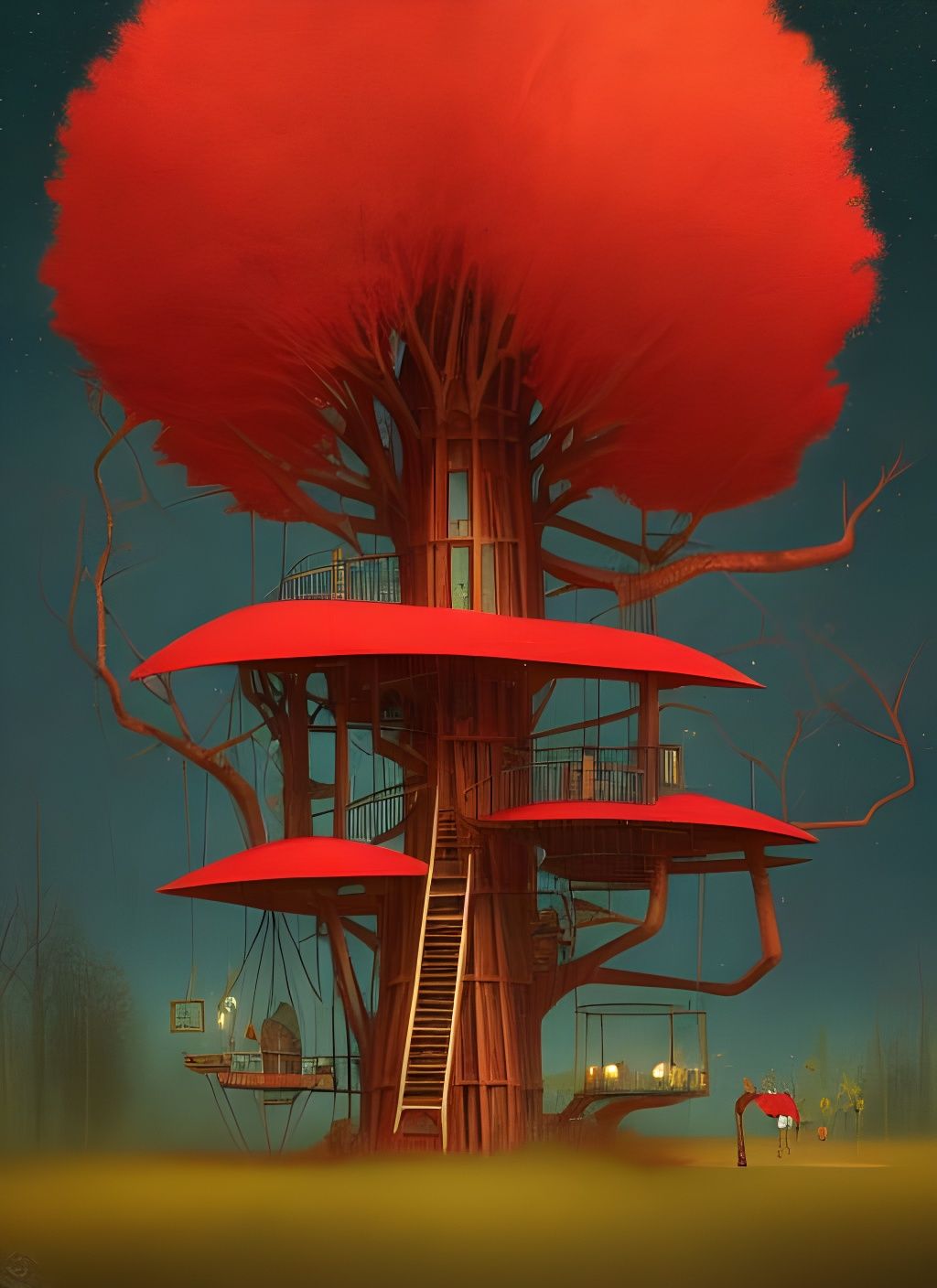 Mechanical Treehouse with Red Leaves and Starry Sky