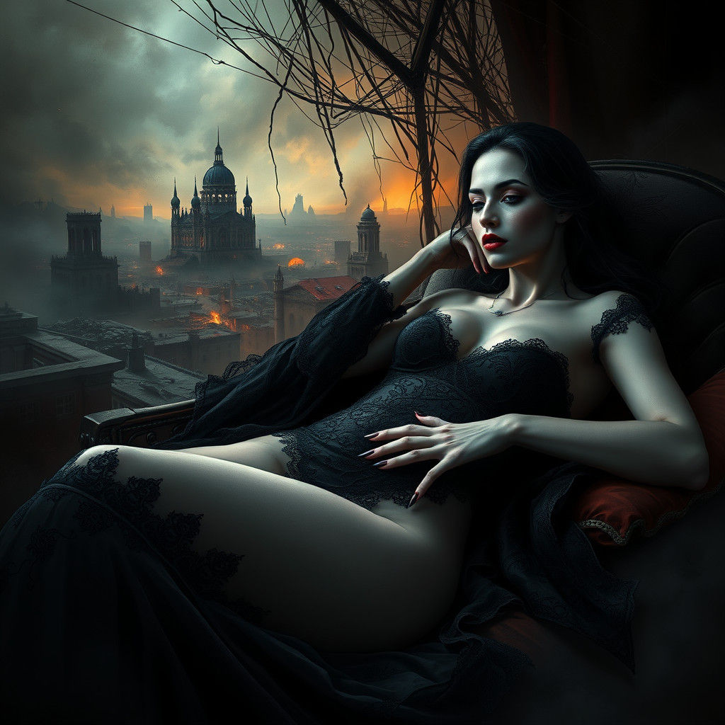 Dark Alluring Woman in Ruins: Gothic Digital Art