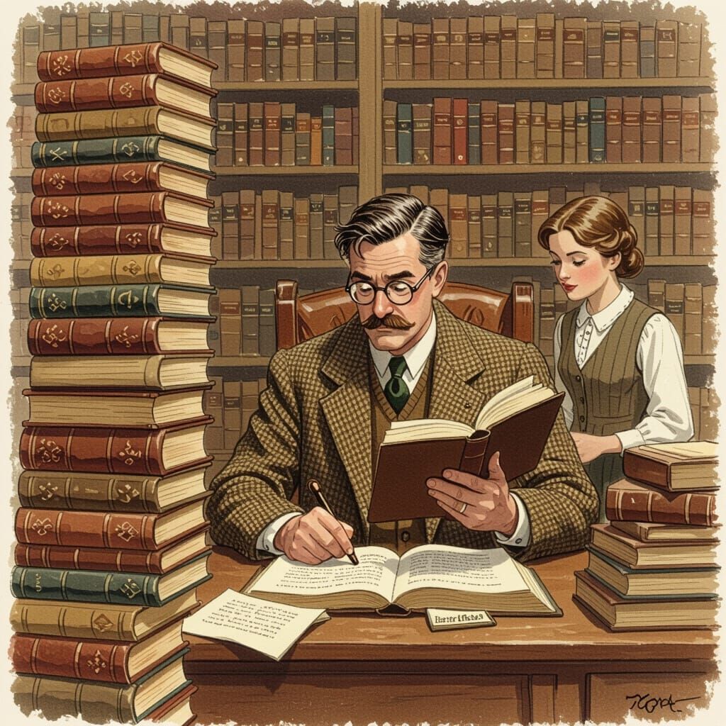 Perplexed Librarian Among Towering Books, Nostalgic Art