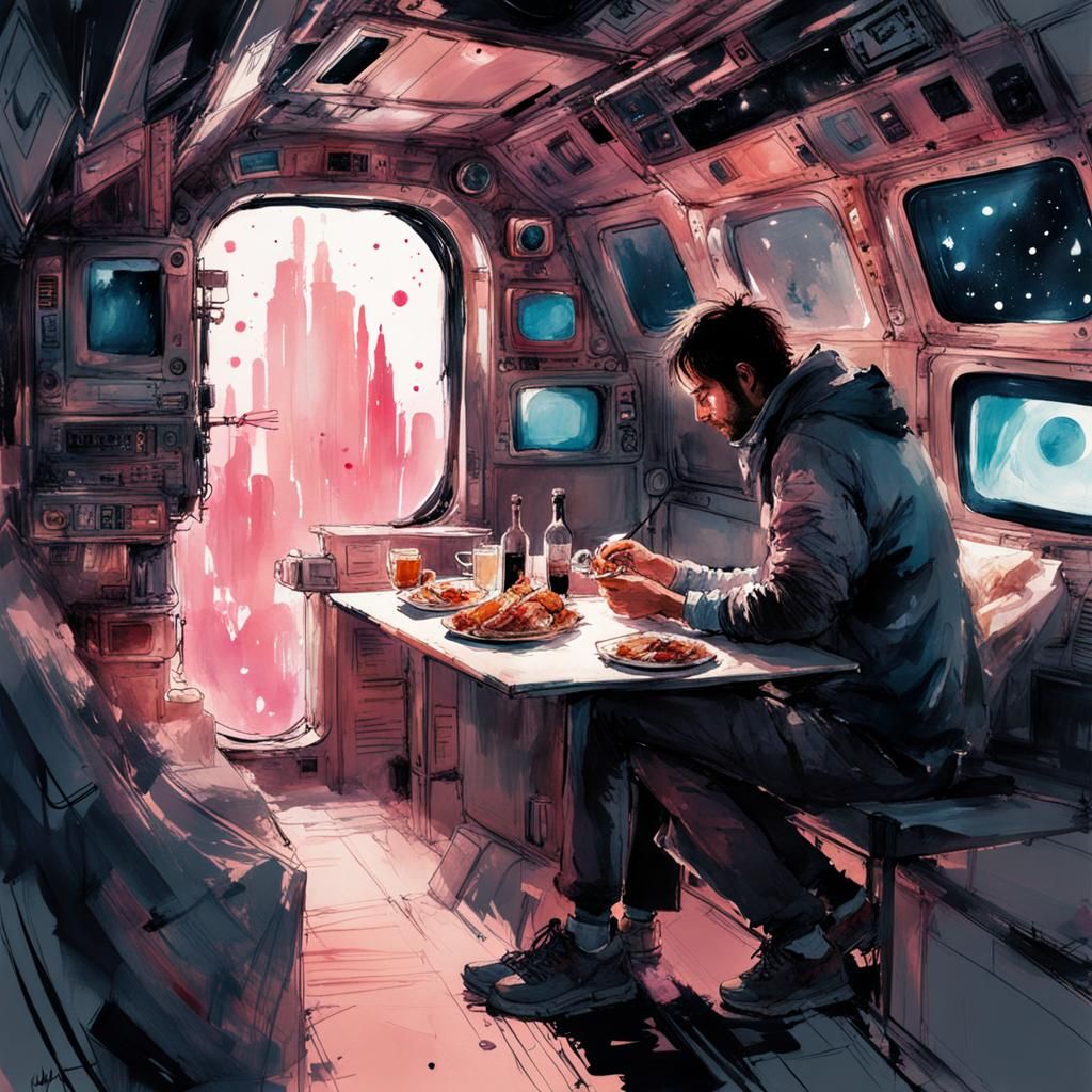 Tired Man's Breakfast in Spaceship: Watercolor Splash Art